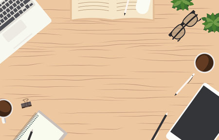Top View of Office Book Stationery on Work Desk with Copy Space on Wooden Backgroundのイラスト素材