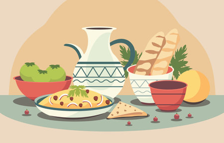 Flat Design of Vegetable Baguette Food Dishes with Vase Bowl for Nowruz Celebrationのイラスト素材