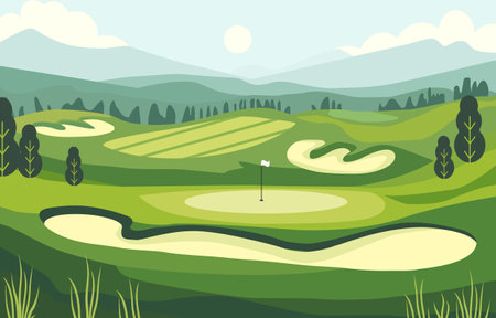 Nature Landscape of Green Golf Field Course with Hill Mountain View in Bright Dayのイラスト素材