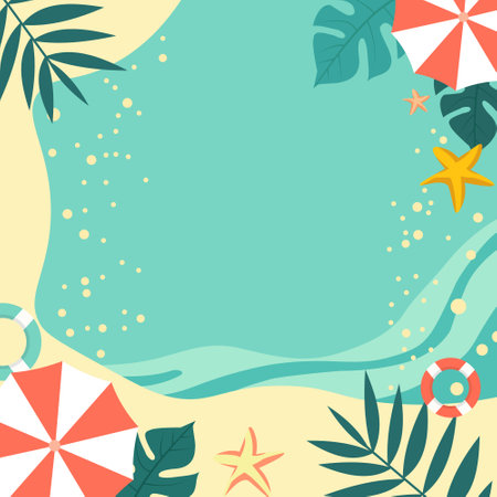 Top View of Summer Beach Pool Frame Background for Holiday Vacation with Leavesのイラスト素材
