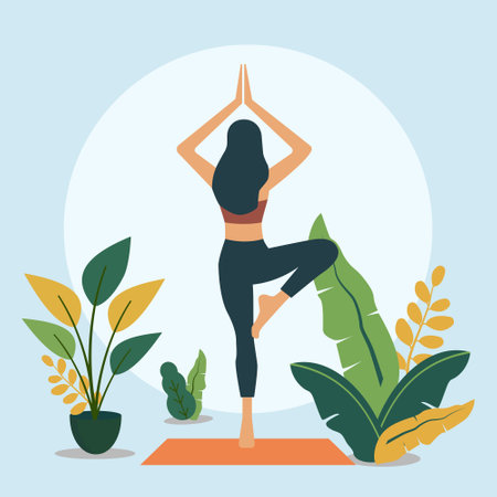 Woman is Practicing Yoga Pose Sport Meditation in the Park with Plantのイラスト素材