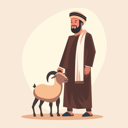 Islamic Arabian Muslim Man with Sheep Goat in Eid Al Adha Celebrationのイラスト素材