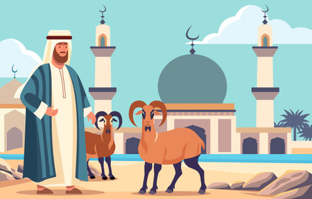 Arabian Muslim Man with Sheep Goat in Front of Mosque for Islamic Eid Al Adhaのイラスト素材