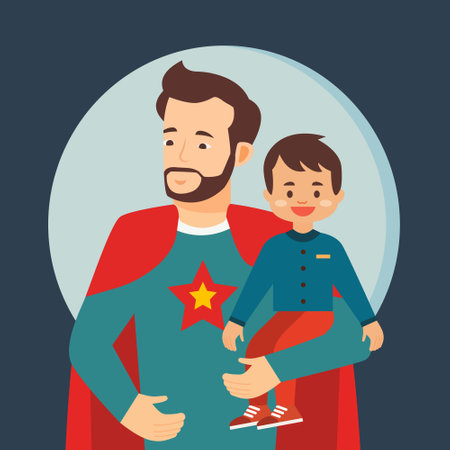 Happy Father Day Celebration with Character of Dad as Superhero Hero Holding His Sonのイラスト素材