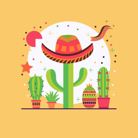Flat Design of Cinco De Mayo Celebration in Mexico with Cowboy Hat Cactusのイラスト素材