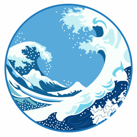 Circle Frame Background with Blue Sea Ocean Water Waves in Summerのイラスト素材