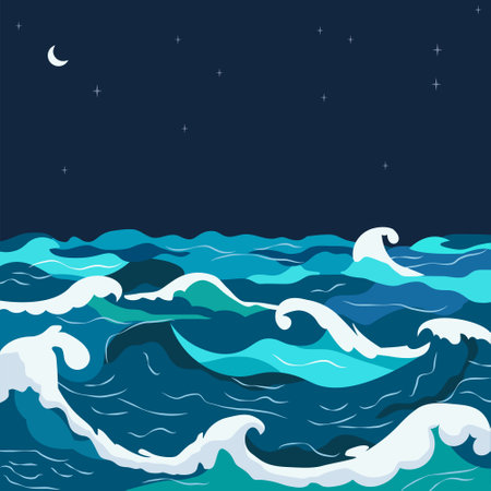 Nature Background of Blue Sea Ocean Water Waves with Crescent at Nightのイラスト素材