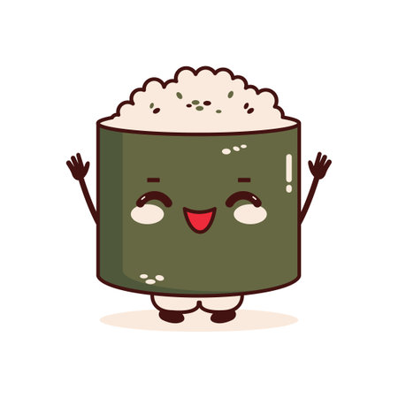 Cute Rice Sushi Roll Japanese Food Cartoon Character with Smile Expressionのイラスト素材
