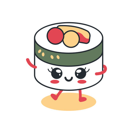 Cute Rice Sushi Roll Japanese Food Cartoon Character with Smile Expressionのイラスト素材