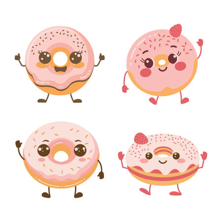Cute Pink Strawberry Donuts Cartoon Character with Happy Expressionのイラスト素材