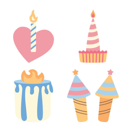 Cute Children Birthday Stuff Cake Burning Candle Vector Illustration Setのイラスト素材