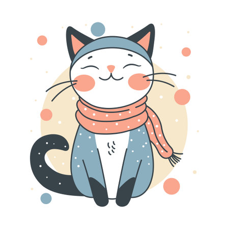 Cute Adorable Grey Cat Animal Cartoon Character Wearing Scarf with Smiling Expressionのイラスト素材