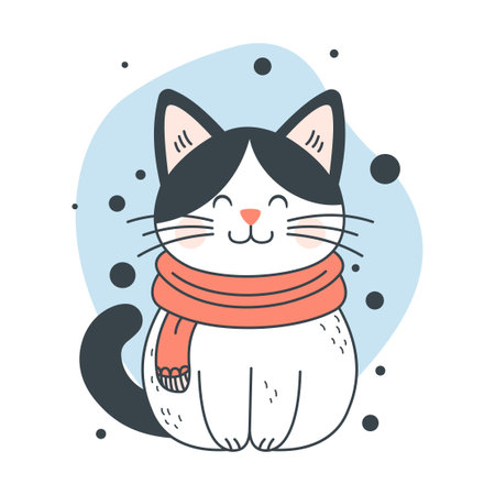 Cute Adorable Grey Cat Animal Cartoon Character Wearing Scarf with Smiling Expressionのイラスト素材