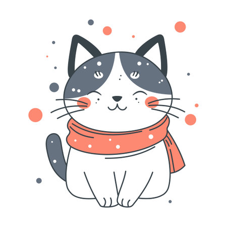 Cute Adorable Grey Cat Animal Cartoon Character Wearing Scarf with Smiling Expressionのイラスト素材
