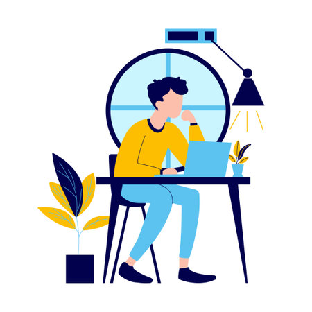 Flat Design Illustration of Man Entrepreneur Working with Laptop at Officeのイラスト素材
