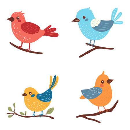 Collection of Colorful Cute Bird Animal Cartoon Perched on a Tree Branchのイラスト素材