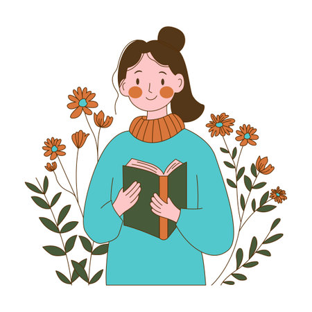 Innocent Nerd Girl Character Reading a Book with Flower Floral Decorationのイラスト素材