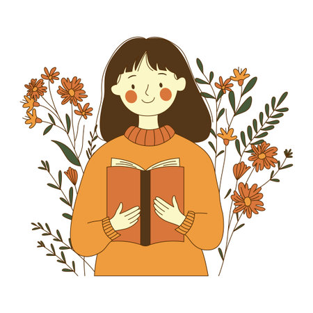 Innocent Nerd Girl Character Reading a Book with Flower Floral Decorationのイラスト素材