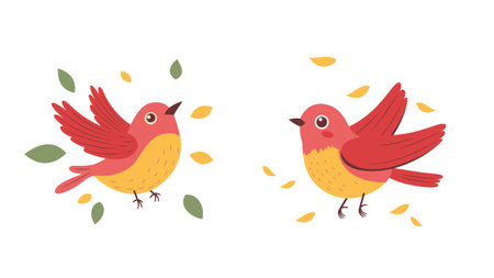 A Pair of Cute Red Robin Bird Animal with Leaves in the Parkのイラスト素材