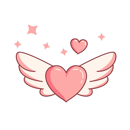 Cute Lovely Flying Love Heart Pink Angel Feather Wings in Heaven Skyのイラスト素材
