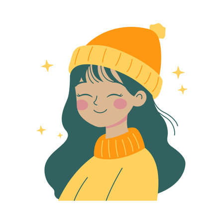 Friendly Smiling Cute Beautiful Girl Cartoon Character Wearing Hat and Warm Clothesのイラスト素材