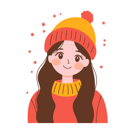 Friendly Smiling Cute Beautiful Girl Cartoon Character Wearing Hat and Warm Clothesのイラスト素材