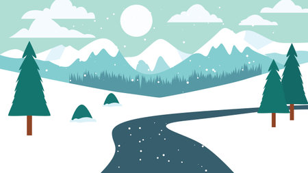 Mountain Nature Landscape with River and Pine Tree in Snow Winter Seasonのイラスト素材