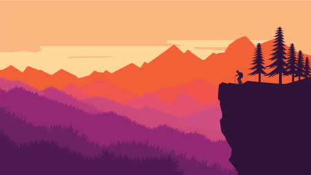 Hiker Silhouette on the Top of Cliff with Mountain Landscape and Pine Tree in the Forest at Sunsetのイラスト素材
