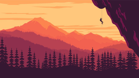 People Silhouette Climbing a Cliff with Mountain Nature View at Sunset Sunriseのイラスト素材