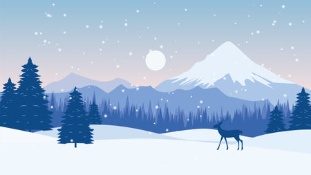 Deer Roe Animal Silhouette in Pine Trees Forest with Ice Mountain View in Snow Winter Seasonのイラスト素材