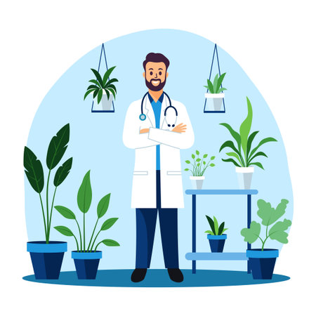 Friendly Male Doctor Cartoon Character Standing Crossing Hands with Floral Plant Decorationのイラスト素材