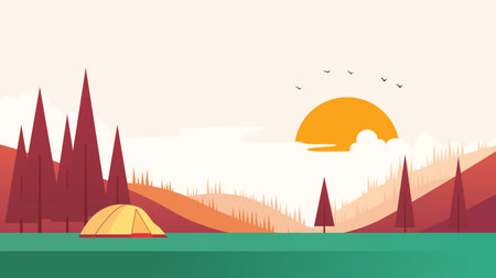 Camping Tent in Forest with Hill Landscape in Autumn Fall Seasonのイラスト素材