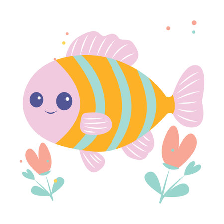 Cute Happy Colorful Fish Cartoon Character Swimming in the Sea with Floralのイラスト素材