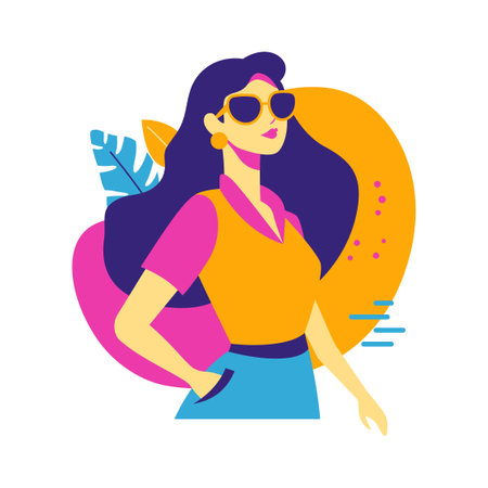 Beautiful Girl Character Wearing Sunglasses Fashion in Retro Style with Memphis Decorationのイラスト素材