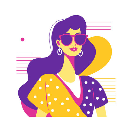 Beautiful Girl Character Wearing Sunglasses Fashion in Retro Style with Memphis Decorationのイラスト素材