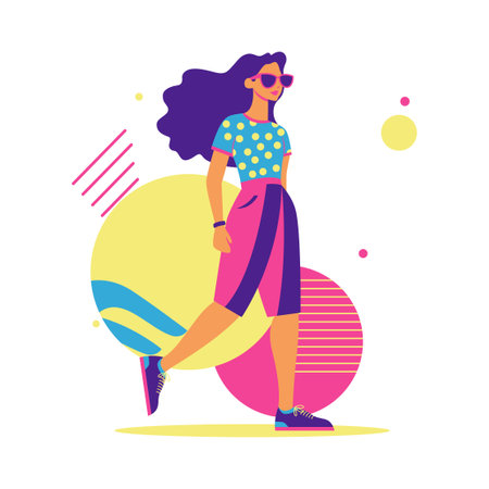 Beautiful Girl Character Wearing Sunglasses Fashion in Retro Style with Memphis Decorationのイラスト素材
