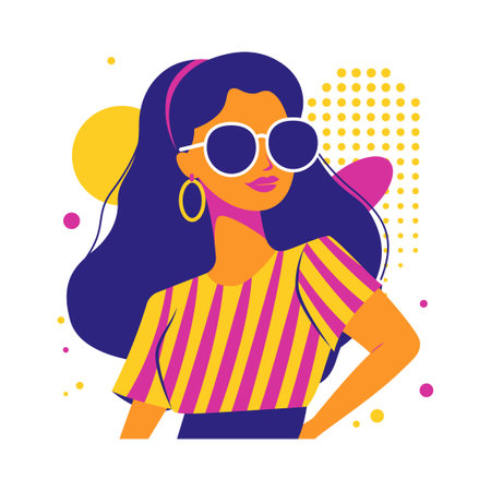 Beautiful Girl Character Wearing Sunglasses Fashion in Retro Style with Memphis Decorationのイラスト素材