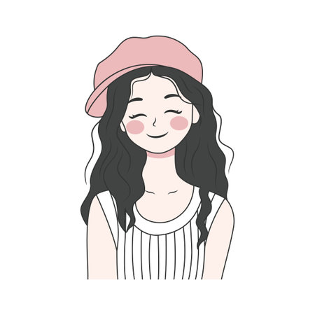 Cute Pretty Teen Girl Cartoon Character Wearing Hat and Casual Clothes While Smilingのイラスト素材