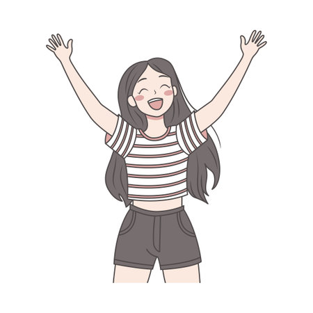 Cute Pretty Cheerful Teen Girl Cartoon Character Wearing Casual Clothes Raising Hands Upのイラスト素材