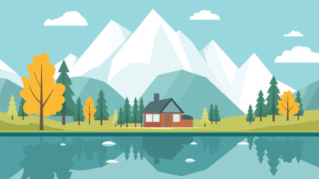 Mountain River Lake Landscape with Home House in Bright Sky in Autumn Fall Seasonのイラスト素材