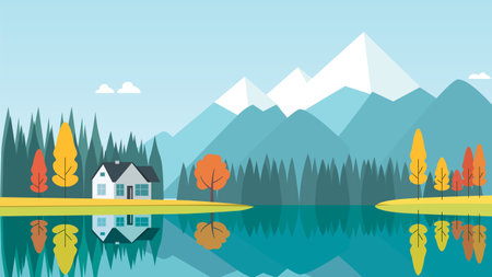 Mountain River Lake Landscape with Home House in Bright Sky in Autumn Fall Seasonのイラスト素材