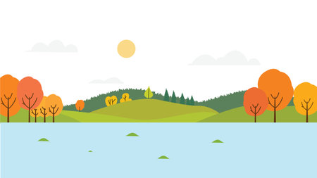 River Lake Nature Landscape with Hill Mountain and Sun in Bright Sky in Autumn Fall Seasonのイラスト素材