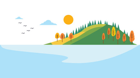 River Lake Nature Landscape with Hill Mountain and Sun in Bright Sky in Autumn Fall Seasonのイラスト素材