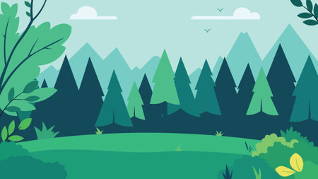 Flat Design Illustration of Green Pine Trees Adventure Nature Landscape in Forestのイラスト素材