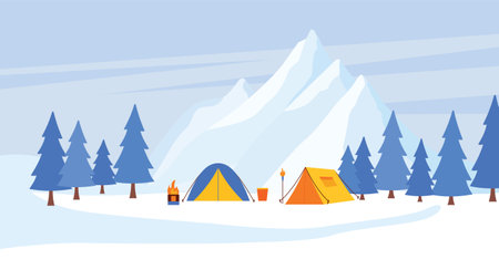 Winter Snow Holiday with Camping Camp Tent in Ice Mountain Nature Landscape with Pine Trees