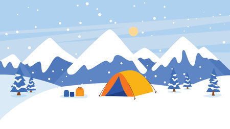 Winter Snow Holiday with Camping Tent in Ice Mountain Nature Landscape with Sun in Bright Skyのイラスト素材