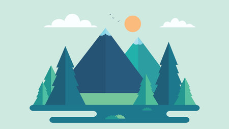 Green Mountain Nature View Landscape with Pine Trees in Forest with Sun in Bright Skyのイラスト素材
