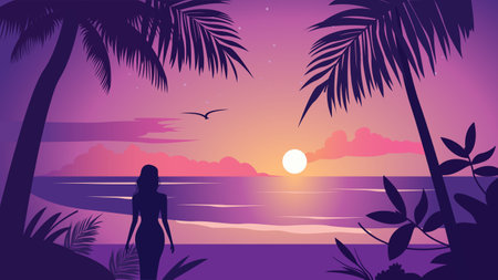 Back View of Woman Silhouette on the Beach Landscape with Tropical Plants and Sun at Sunrise Sunsetのイラスト素材