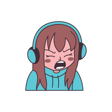 Cute Gamer Girl Cartoon Character Wearing Headset with Angry Screaming Expressionのイラスト素材