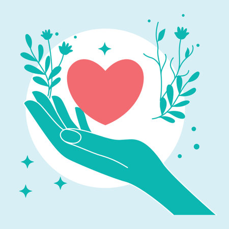 Open Hand with Love Heart and Floral Decoration as Nature Care Peace Symbolのイラスト素材